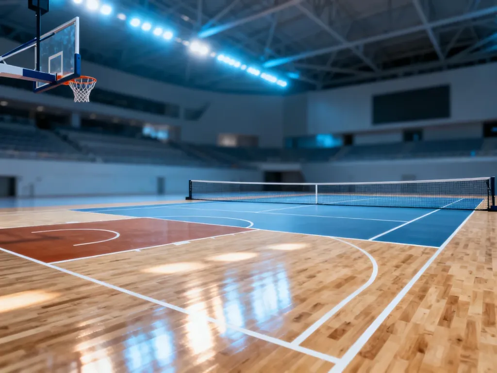 Wielofunkcyjna hala sportowa z naniesionymi liniami do koszykówki i tenisa, umożliwiająca uprawianie obu dyscyplin.