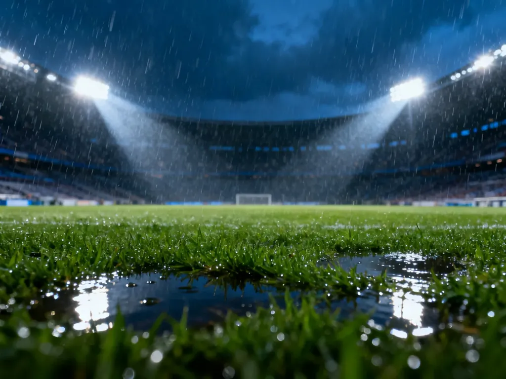 Murawa stadionu podczas ulewnego deszczu z widocznymi kroplami wody i odbiciami świateł jupiterów.