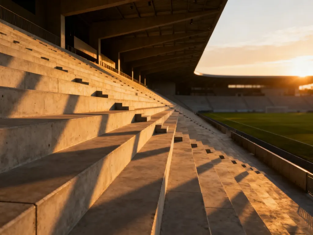 Puste trybuny nowoczesnego stadionu o stromym nachyleniu, oświetlone ciepłym światłem zachodzącego słońca.
