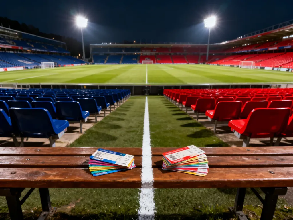 Dwa stosy biletów na ławce na tle stadionu podzielonego na strefy kibiców drużyny niebieskiej i czerwonej.