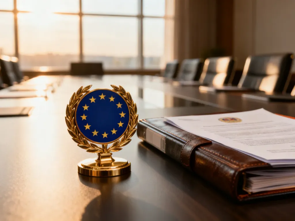 Mosiężny emblemat Unii Europejskiej na biurku obok teczki z dokumentami, symbolizujący profesjonalizm i formalną procedurę.