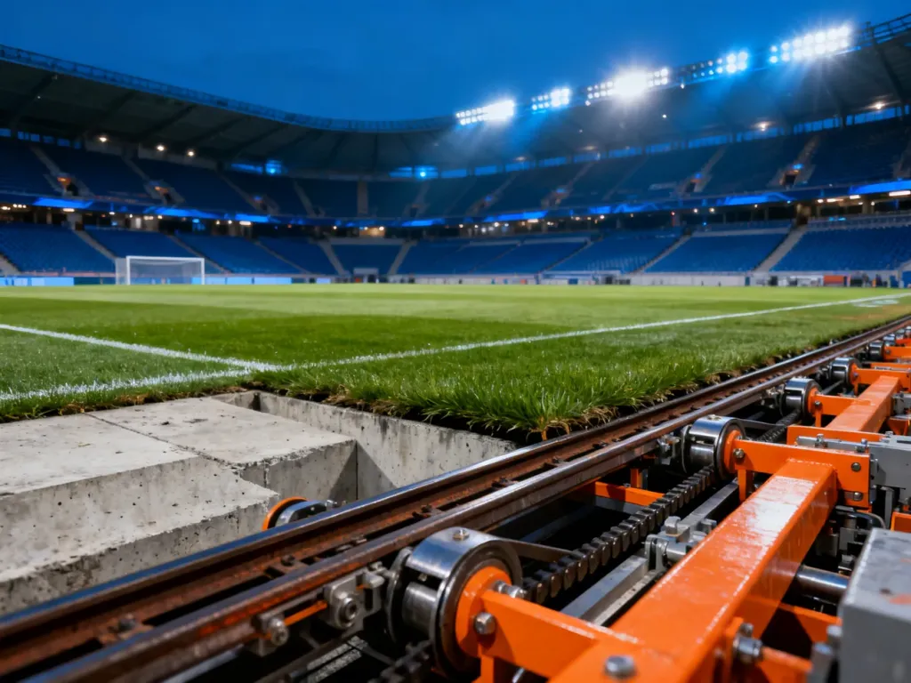 Nowoczesny stadion z częściowo wysuniętą murawą, ukazujący mechanizm przesuwny i betonową podstawę boiska.