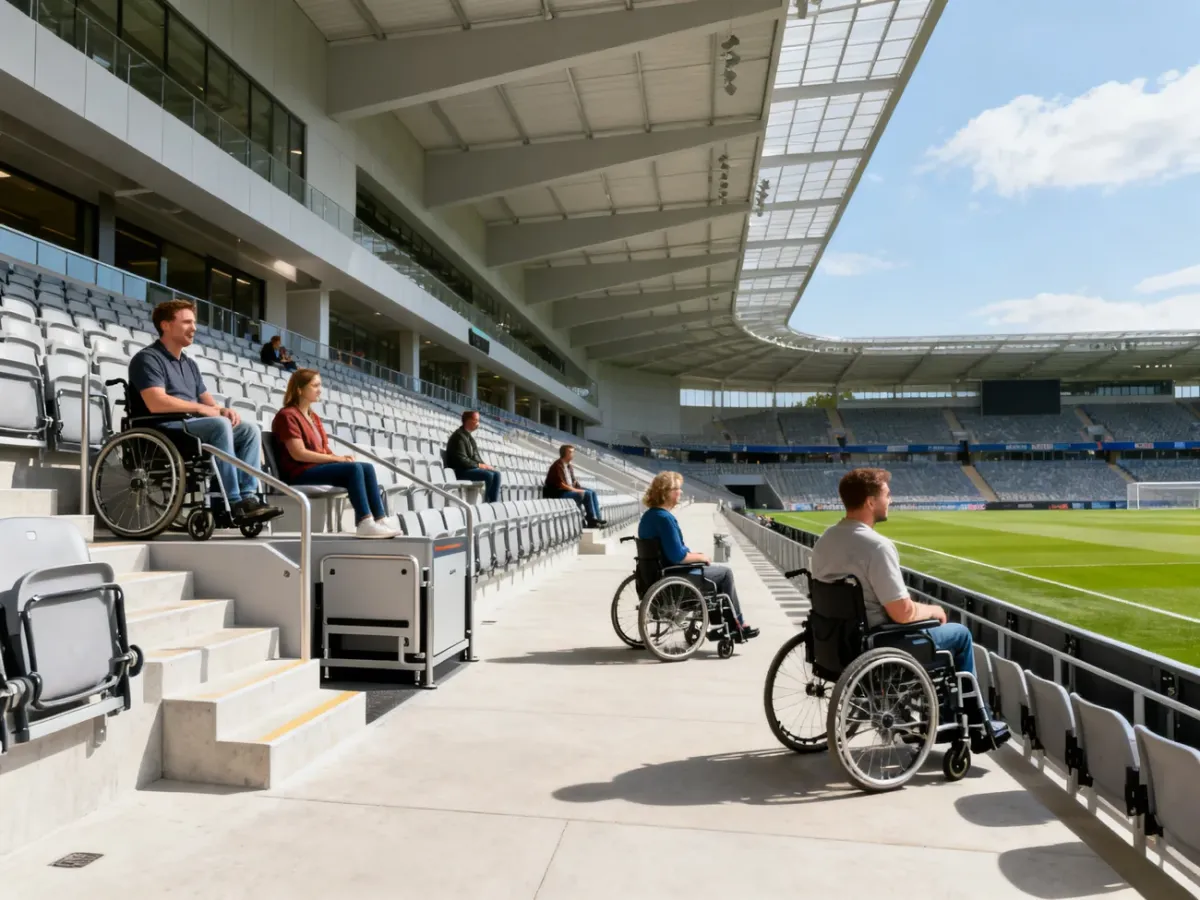 Dostępne miejsca dla osób na wózkach rozmieszczone na trybunach stadionu