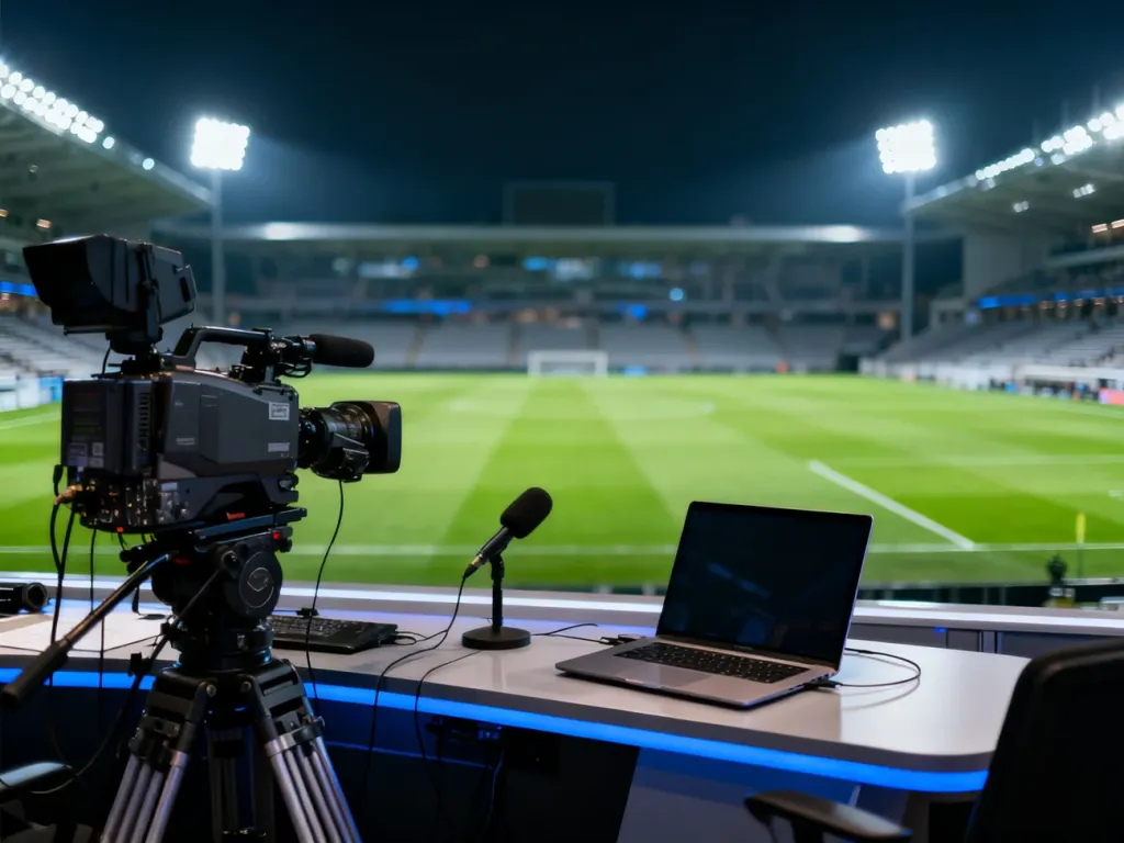 Profesjonalne stanowisko pracy dla mediów na stadionie piłkarskim z widokiem na oświetloną murawę.