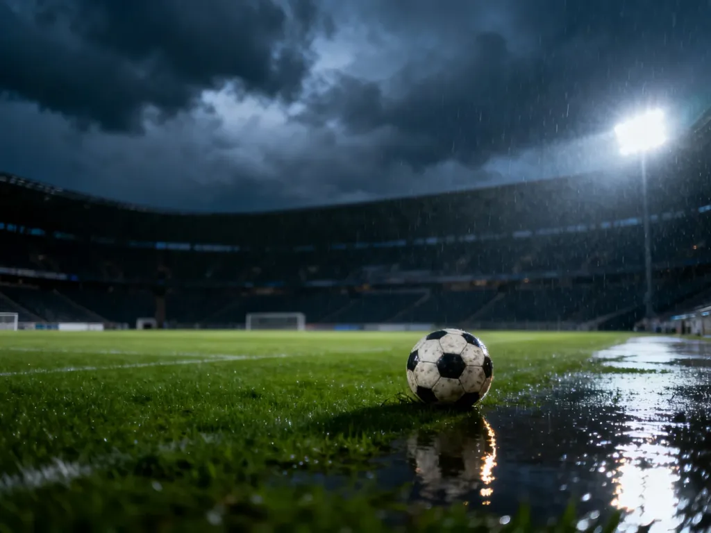 Pusty, oświetlony stadion piłkarski w deszczową noc z samotną piłką na murawie, symbolizujący odwołane spotkanie.