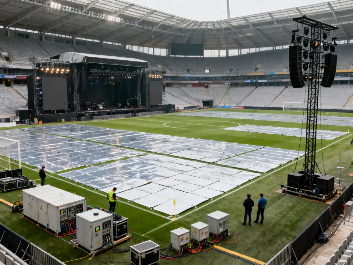 Przygotowanie stadionu do koncertu z zabezpieczoną murawą i instalacjami technicznymi