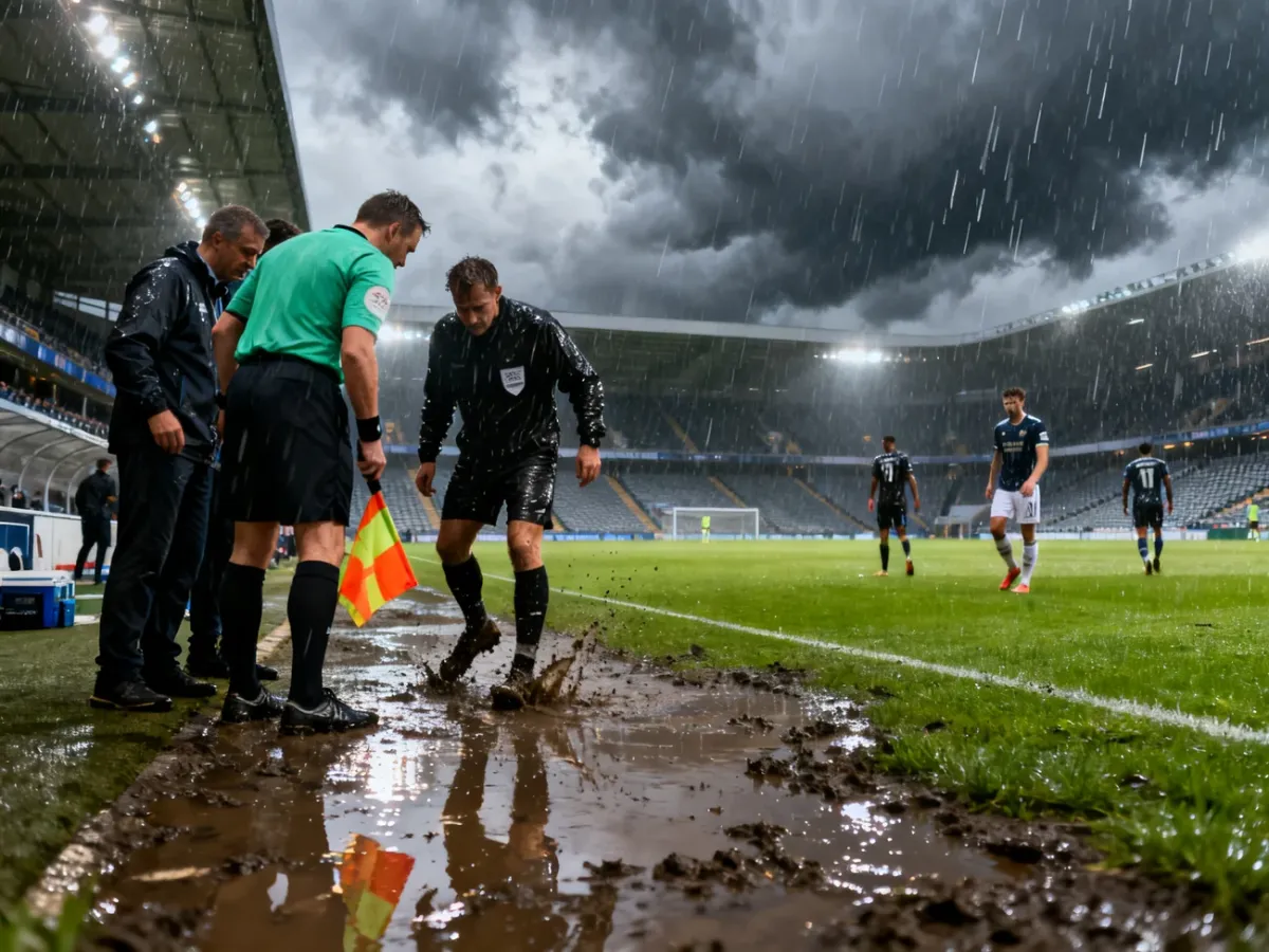 Sędzia i przedstawiciele stadionu oceniają warunki na mokrym boisku