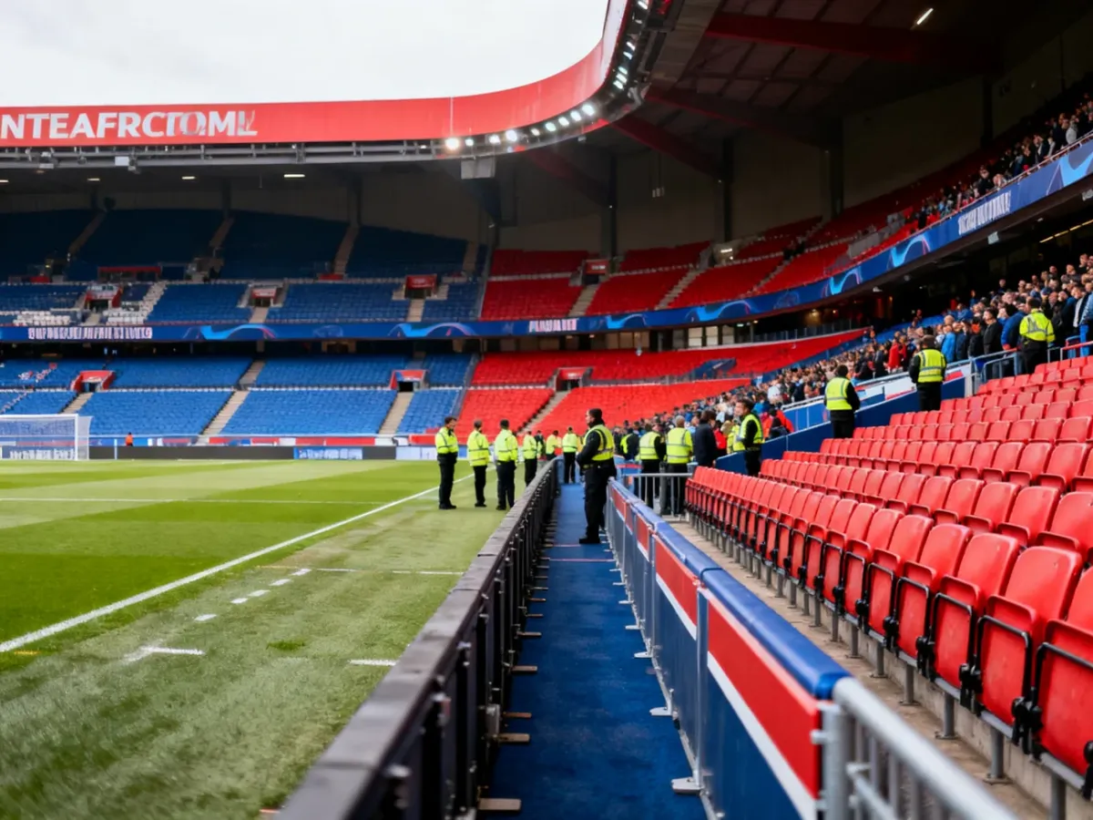 Sektor gości oddzielony strefą buforową na stadionie piłkarskim