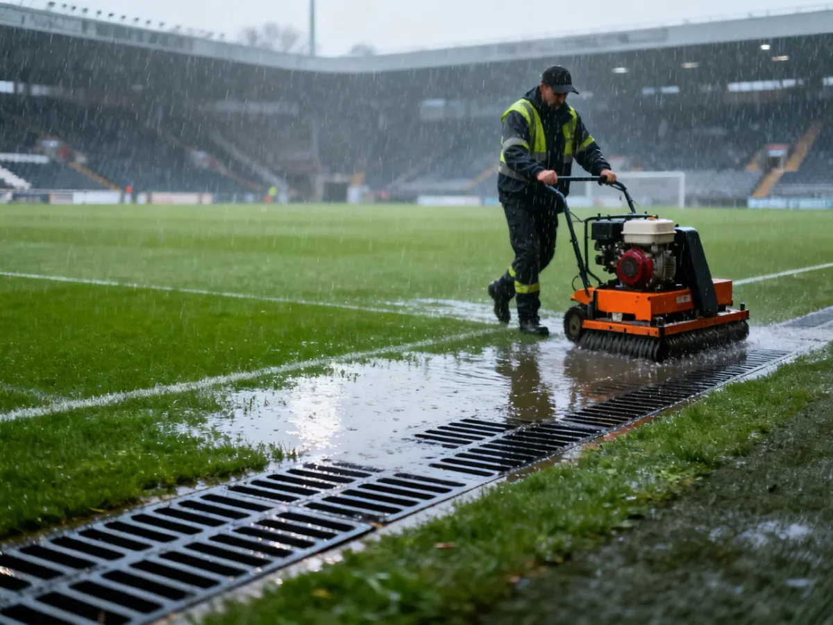 Obsługa usuwa wodę z mokrej murawy stadionu podczas ulewy