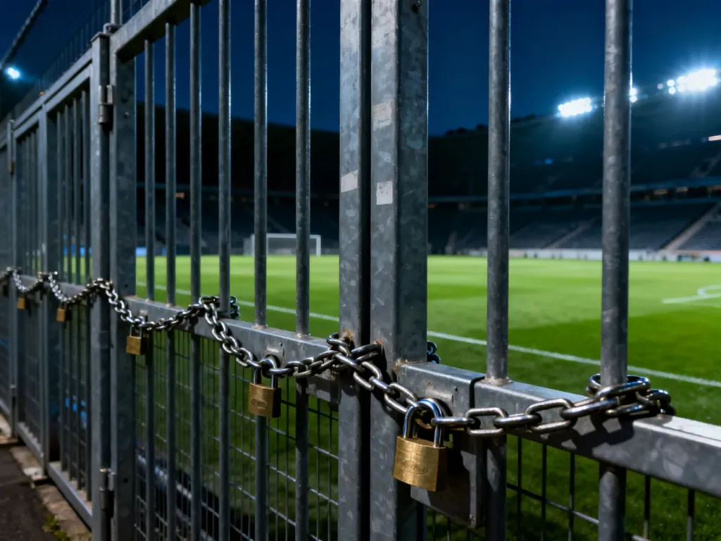 Pusty stadion piłkarski z zamkniętymi bramami w świetle reflektorów, symbolizujący karę nałożoną przez UEFA.