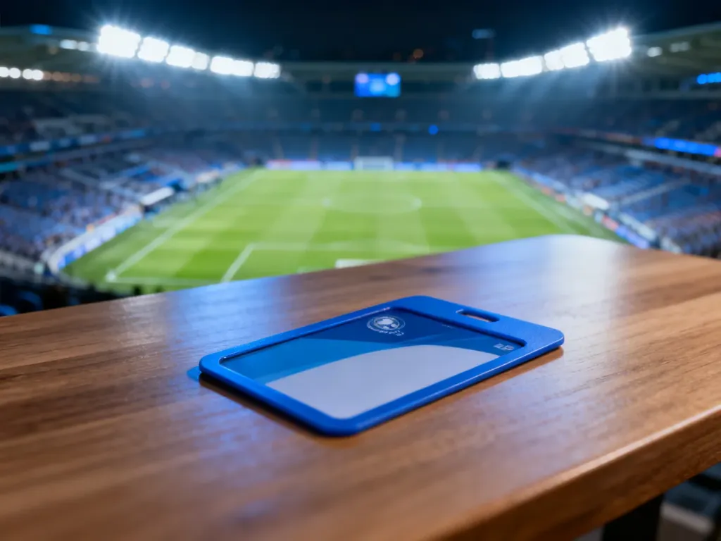 Plastikowa karta kibica leżąca na drewnianym stole na tle rozświetlonego stadionu piłkarskiego.