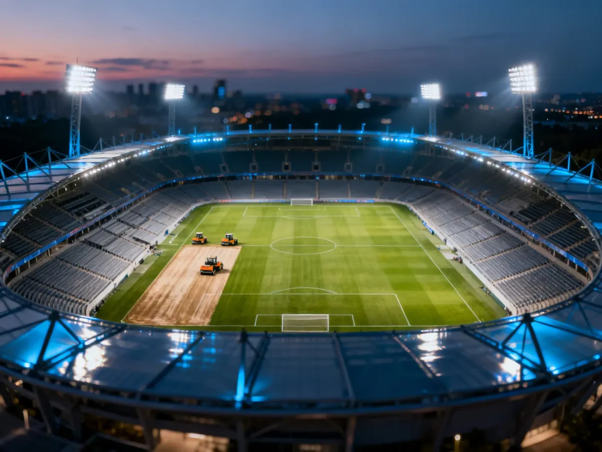 Pusty stadion sportowy o zmroku w trakcie prac konserwacyjnych murawy po zakończonej wielkiej imprezie.