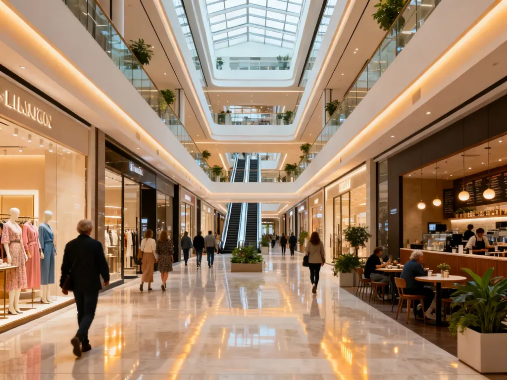Nowoczesne, jasne wnętrze galerii handlowej w Opolu z butikami, kawiarniami i spacerującymi klientami, no text on the picture