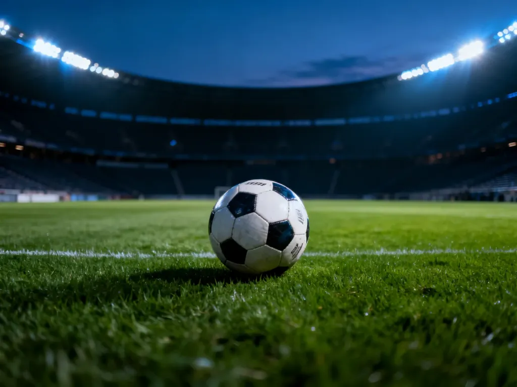Piłka leżąca na murawie pustego stadionu w świetle reflektorów, symbolizująca oczekiwanie na gospodarza Euro 2036.