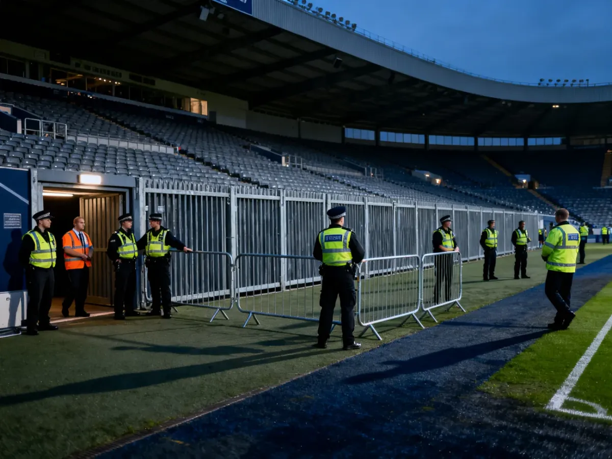 Zamknięty sektor gości zabezpieczany przez policję i służby porządkowe