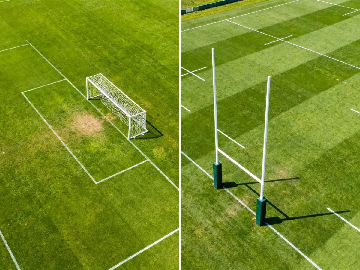 Widok z góry na boisko piłkarskie i rugby z różnymi bramkami oraz liniami