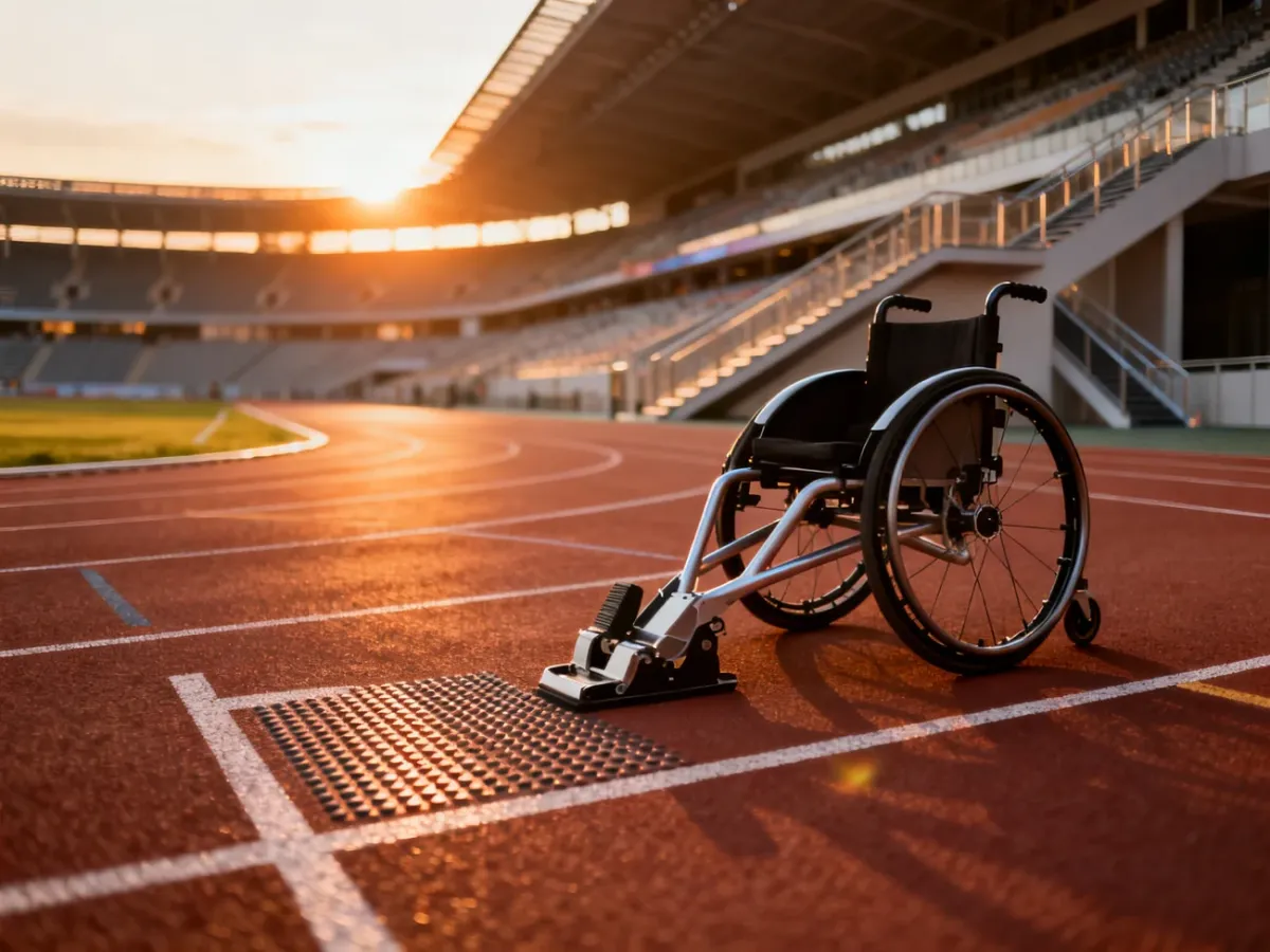 Nowoczesny stadion lekkoatletyczny z udogodnieniami dla osób z niepełnosprawnościami o wschodzie słońca.
