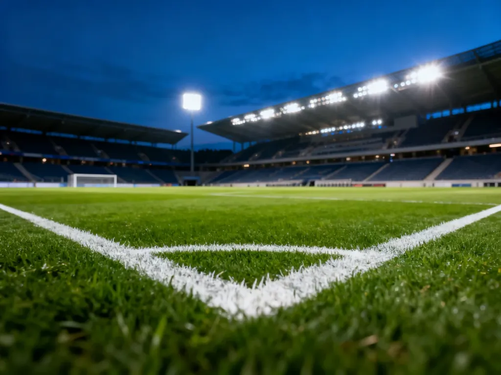 Nowoczesny, pusty stadion piłkarski o zmierzchu z idealnie przygotowaną murawą i oświetlonymi trybunami.