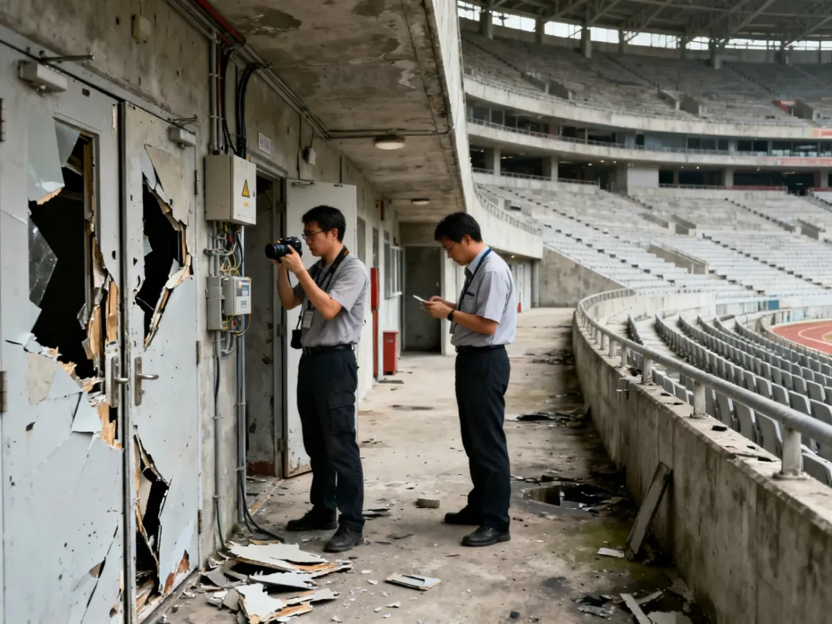 Inspektorzy dokumentujący uszkodzenia stadionu po imprezie