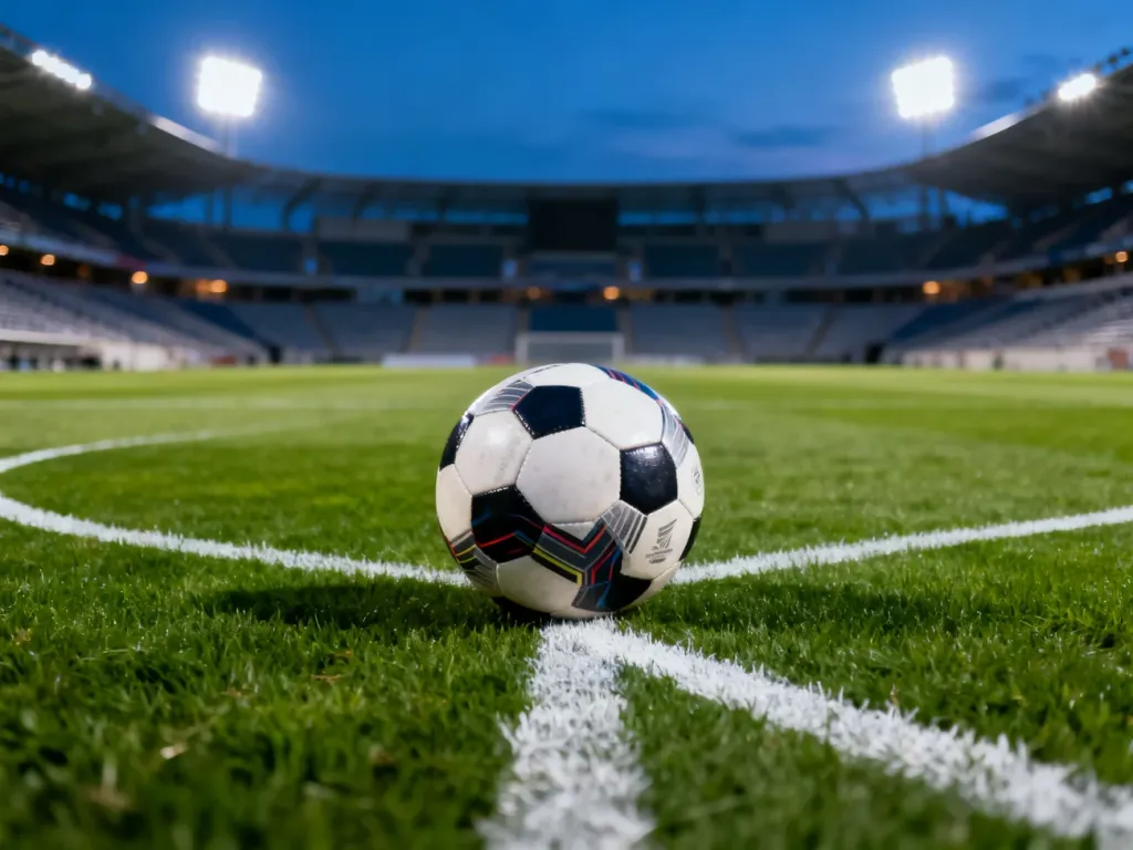 Profesjonalna murawa piłkarska z piłką na środku boiska w świetle jupiterów na pustym stadionie.