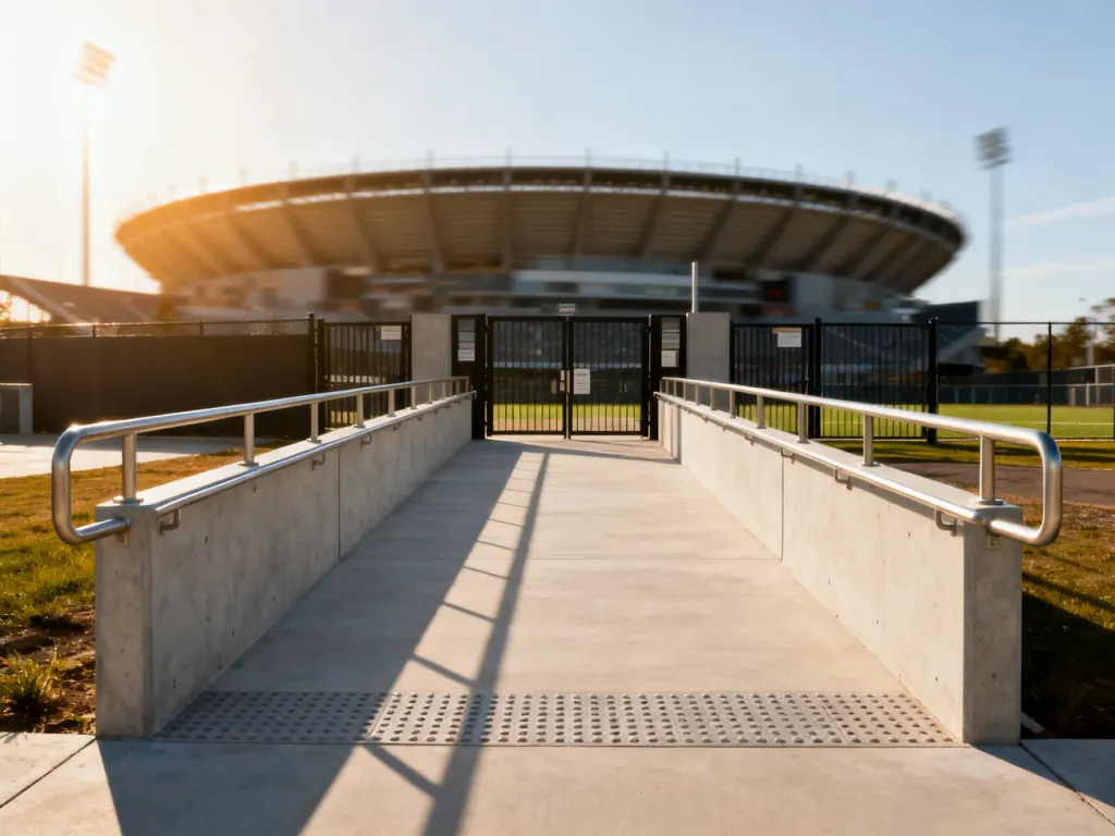 Nowoczesne wejście na stadion z szeroką rampą, poręczami i ścieżką dotykową, zapewniające dostęp osobom z niepełnosprawnościami.