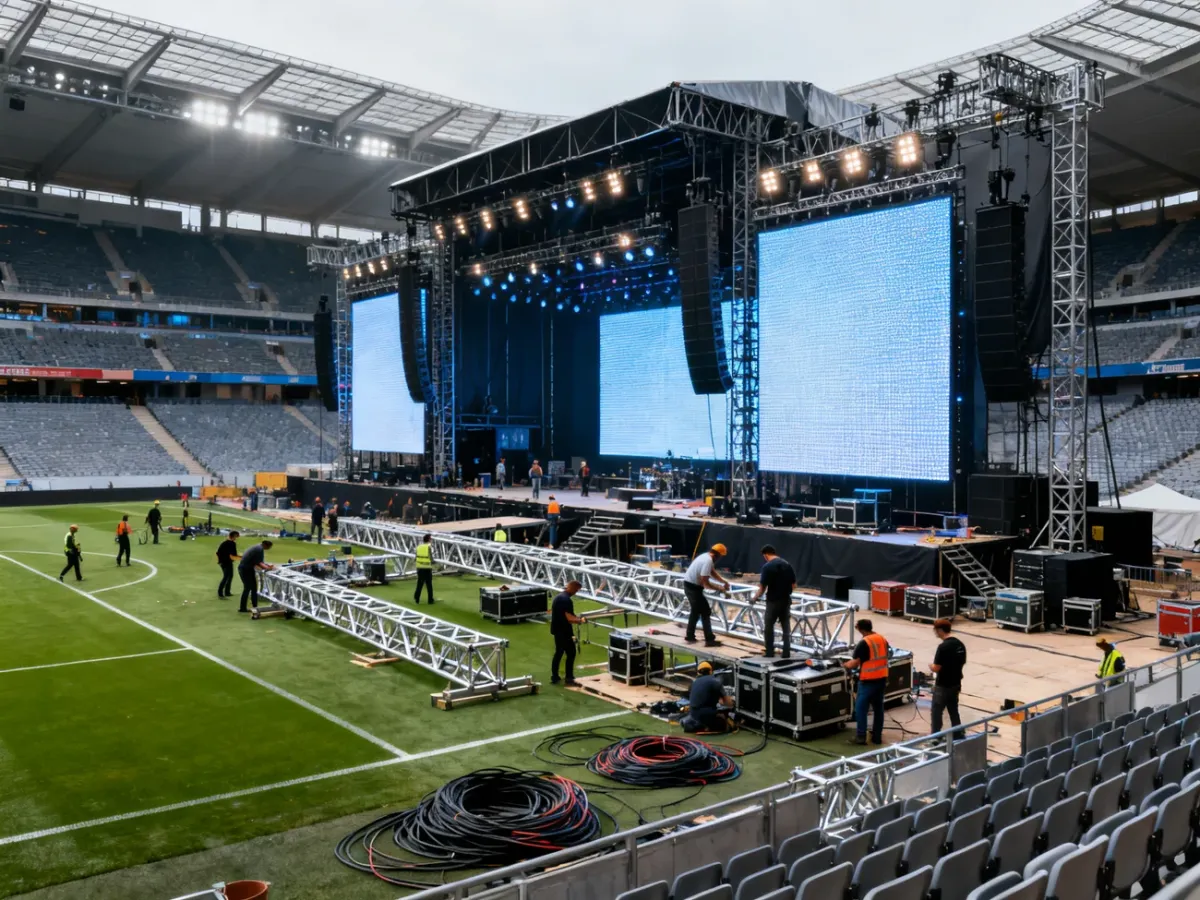 Montaż dużej sceny koncertowej na płycie stadionu