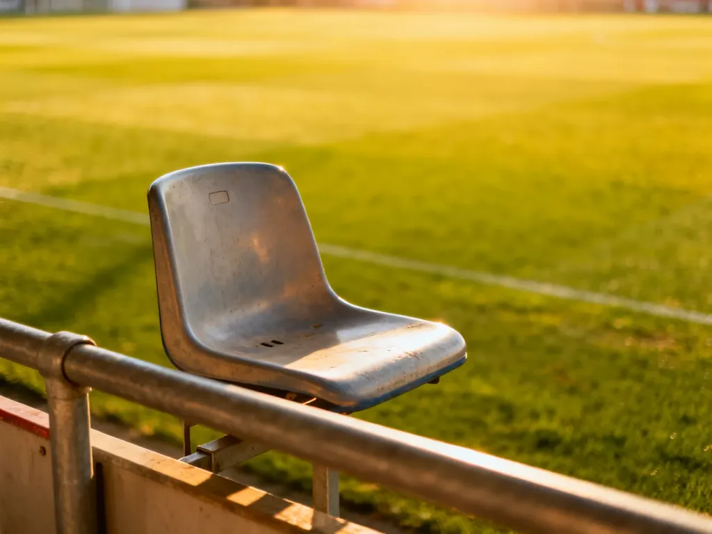 Puste plastikowe krzesełko na stadionie z rozmytą murawą w tle podczas zachodu słońca.